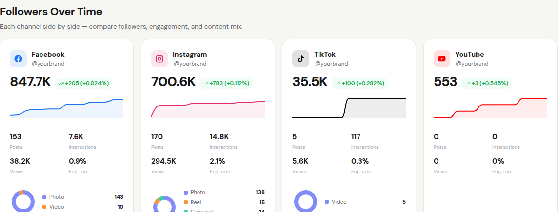 Channel overview across Instagram, TikTok, Facebook and YouTube